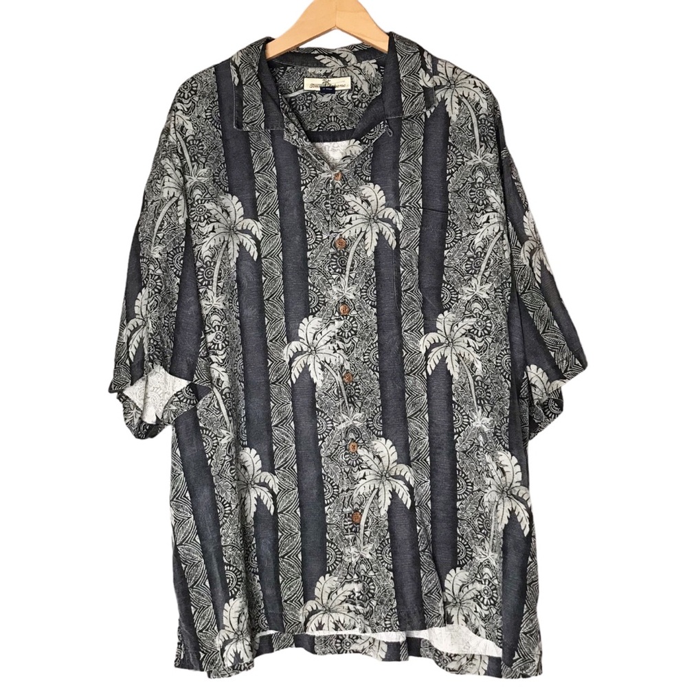 Tommy Bahama Grey Silk Camp Shirt Palm Trees Print Tropical Hawaiian Men’s Large